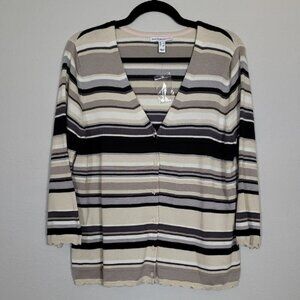 NWT Isaac Mizrahi Striped Cardigan Size L Neutral Cream & Black Button Up Preppy